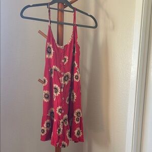 Sunflower Print Red Midi Dress with Front Buttons